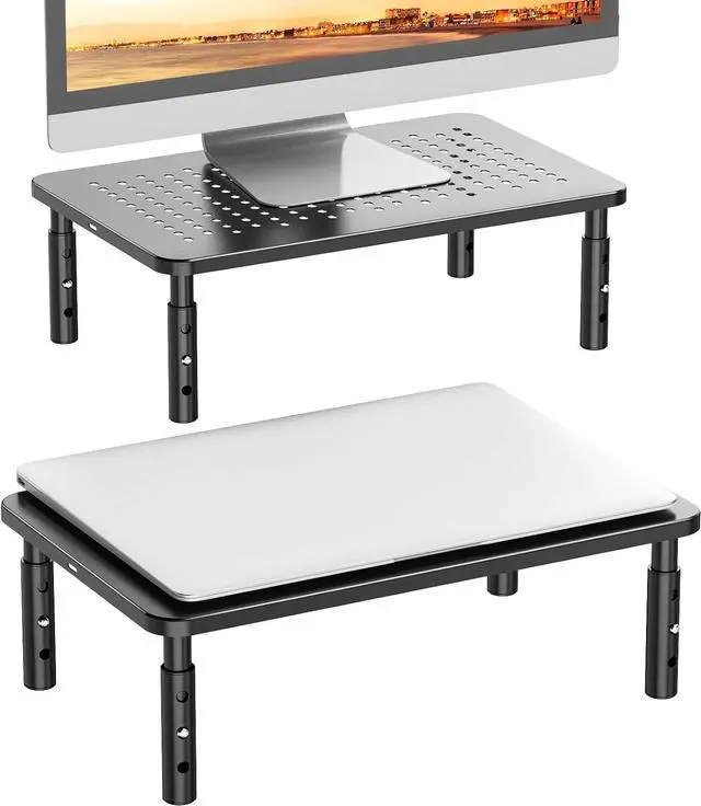 Main image of WALI Monitor Risers for 2 Monitors, Computer Monitor Stand for 2 Monitors, Dual Monitor Riser, Laptop Riser for Desk, Adjustable Underneath Storage for Office, Home, School(STT003-2), 2 Pack,Black