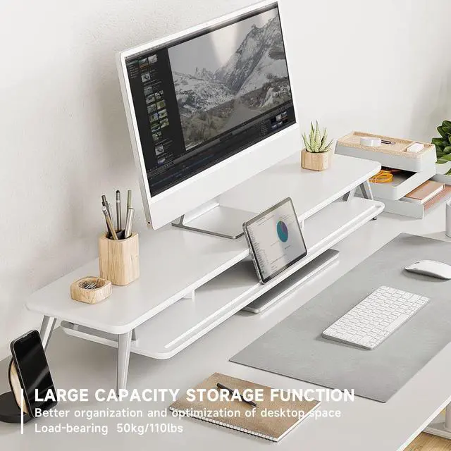 Alt view image 2 of 7 - Fenge Dual Monitor Stand, Monitor Stands Riser for 2 monitors, 42.5 Inch Wood Desk Shelf with Storage Organizer and Cable Management for Office Desk Accessories
