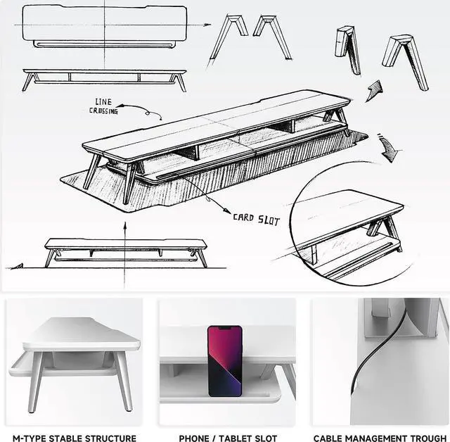 Alt view image 5 of 7 - Fenge Dual Monitor Stand, Monitor Stands Riser for 2 monitors, 42.5 Inch Wood Desk Shelf with Storage Organizer and Cable Management for Office Desk Accessories