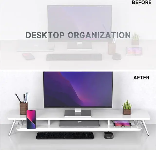 Alt view image 7 of 7 - Fenge Dual Monitor Stand, Monitor Stands Riser for 2 monitors, 42.5 Inch Wood Desk Shelf with Storage Organizer and Cable Management for Office Desk Accessories