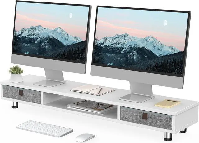 Main image of Fenge Dual Monitor Stand with 2 Drawers, 42.5 Inches Large Computer Riser for Desk, Adjustable Height Desk Shelf with Storage for Laptop, PC, TV, Printer