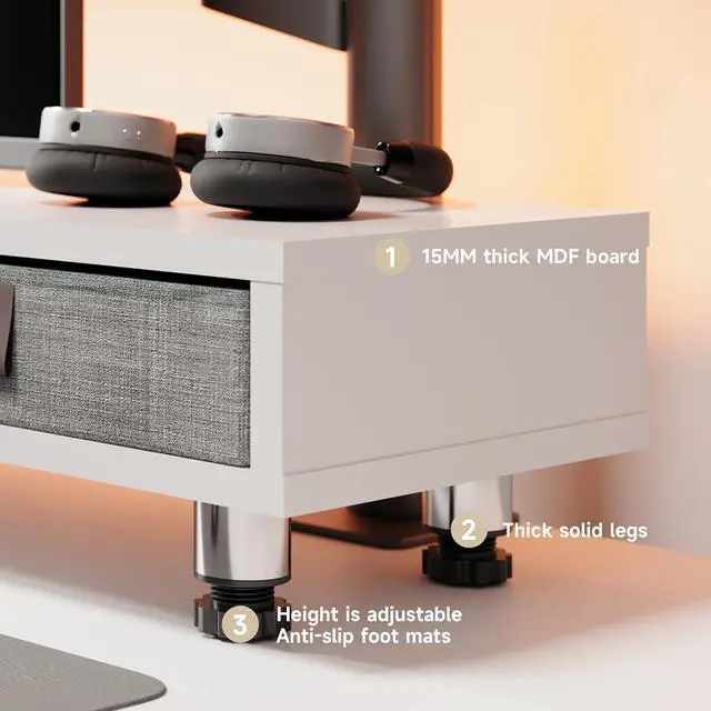 Alt view image 2 of 7 - Fenge Dual Monitor Stand with 2 Drawers, 42.5 Inches Large Computer Riser for Desk, Adjustable Height Desk Shelf with Storage for Laptop, PC, TV, Printer