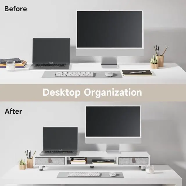 Alt view image 5 of 7 - Fenge Dual Monitor Stand with 2 Drawers, 42.5 Inches Large Computer Riser for Desk, Adjustable Height Desk Shelf with Storage for Laptop, PC, TV, Printer