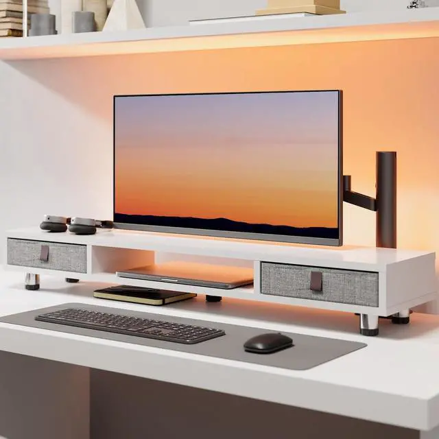 Alt view image 7 of 7 - Fenge Dual Monitor Stand with 2 Drawers, 42.5 Inches Large Computer Riser for Desk, Adjustable Height Desk Shelf with Storage for Laptop, PC, TV, Printer