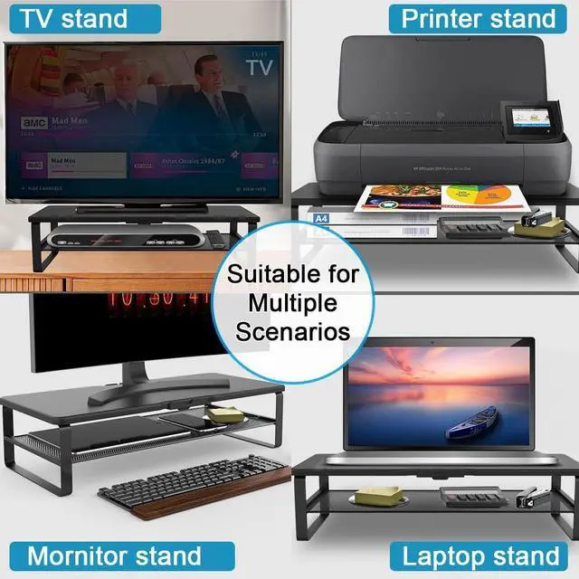 Alt view image 5 of 7 - Monitor Stand with drawer, 2-Tier Monitor Stand Riser with Phone Holder and Cable Management - Desk TV Shelf, Laptop Printer, Desk Organizer Stand, for Home & Office, Black