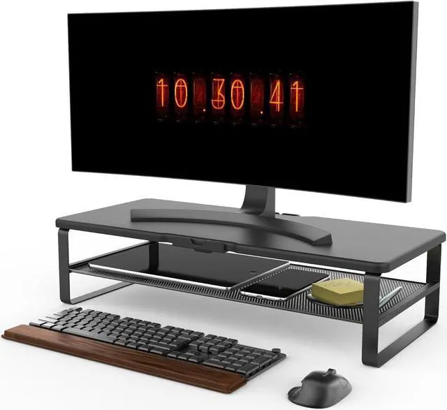 Alt view image 3 of 7 - Monitor Stand with drawer, 2-Tier Monitor Stand Riser with Phone Holder and Cable Management - Desk TV Shelf, Laptop Printer, Desk Organizer Stand, for Home & Office, Black