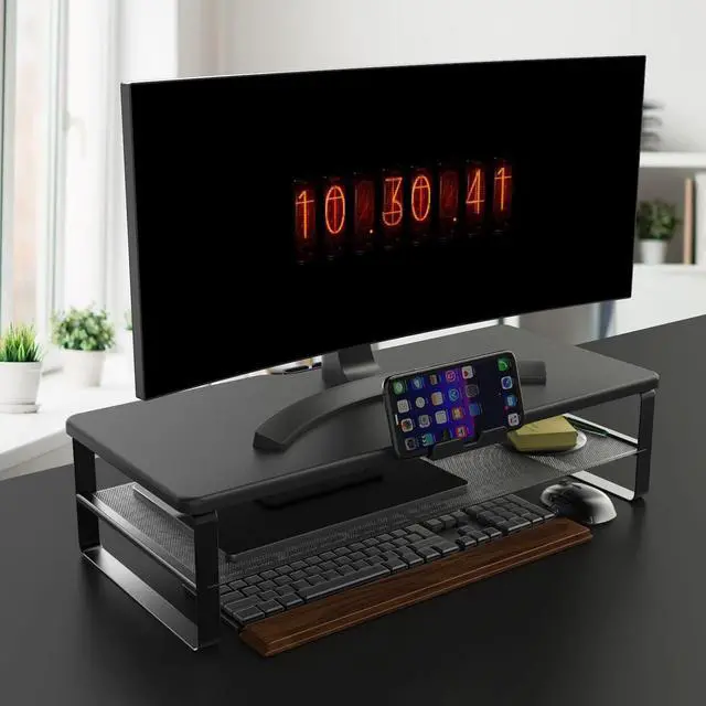 Alt view image 7 of 7 - Monitor Stand with drawer, 2-Tier Monitor Stand Riser with Phone Holder and Cable Management - Desk TV Shelf, Laptop Printer, Desk Organizer Stand, for Home & Office, Black