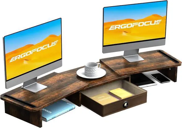 Main image of Dual Monitor Stand Riser with Drawer-Adjustable Length and Angle, Monitor Stand Riser for 2 Monitors, Desktop Organizer Stand for Computer/Laptop/PC/Printer (Rust Brown)