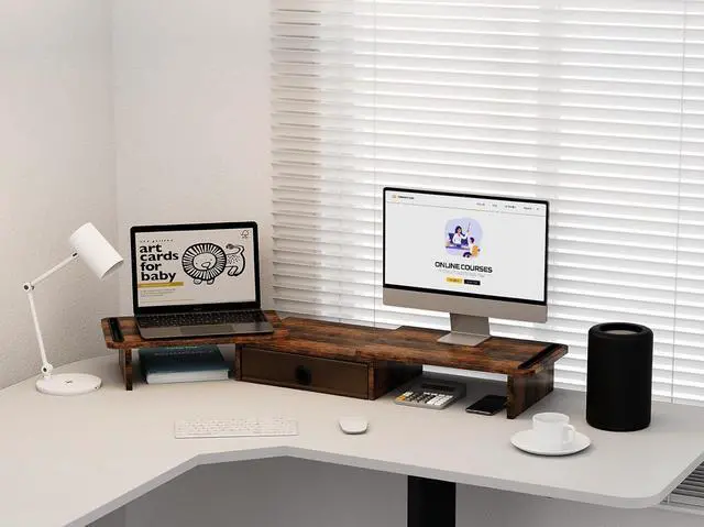 Alt view image 4 of 7 - Dual Monitor Stand Riser with Drawer-Adjustable Length and Angle, Monitor Stand Riser for 2 Monitors, Desktop Organizer Stand for Computer/Laptop/PC/Printer (Rust Brown)