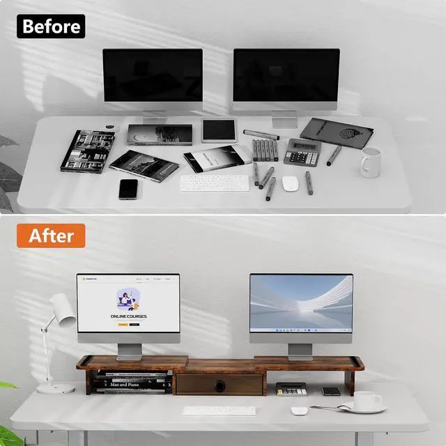 Alt view image 6 of 7 - Dual Monitor Stand Riser with Drawer-Adjustable Length and Angle, Monitor Stand Riser for 2 Monitors, Desktop Organizer Stand for Computer/Laptop/PC/Printer (Rust Brown)