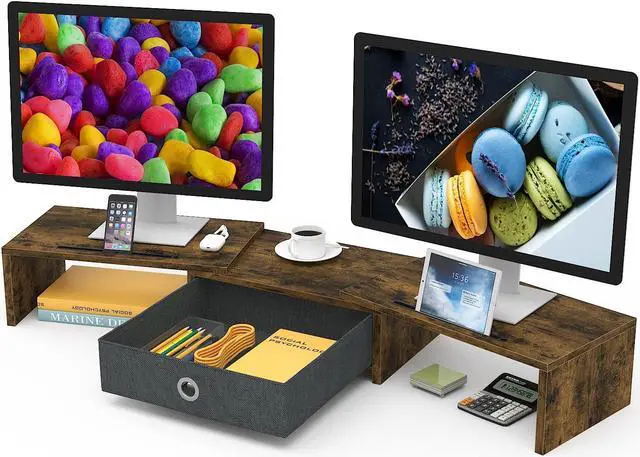 Main image of WESTREE Dual Monitor Stand Riser with Drawer, 3 Shelf Computer Monitor Riser with Adjustable Length and Angle, Desktop Monitor Stand Riser Storage Organizer for 2 Monitors