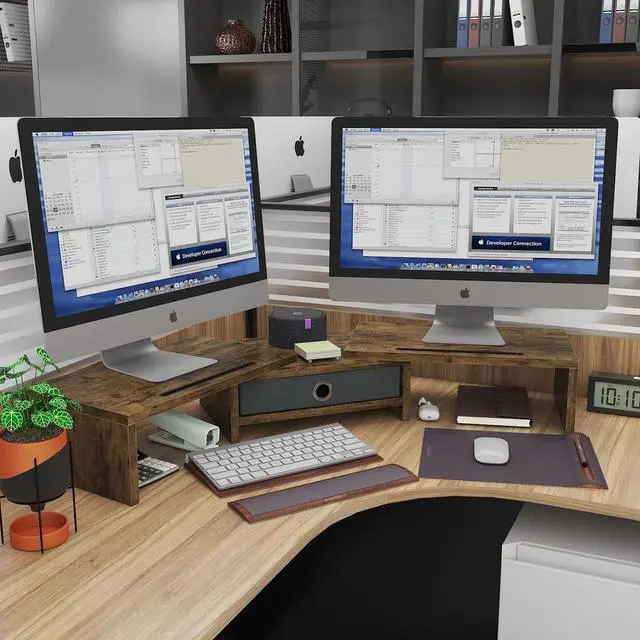 Alt view image 2 of 7 - WESTREE Dual Monitor Stand Riser with Drawer, 3 Shelf Computer Monitor Riser with Adjustable Length and Angle, Desktop Monitor Stand Riser Storage Organizer for 2 Monitors
