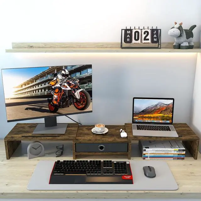 Alt view image 3 of 7 - WESTREE Dual Monitor Stand Riser with Drawer, 3 Shelf Computer Monitor Riser with Adjustable Length and Angle, Desktop Monitor Stand Riser Storage Organizer for 2 Monitors