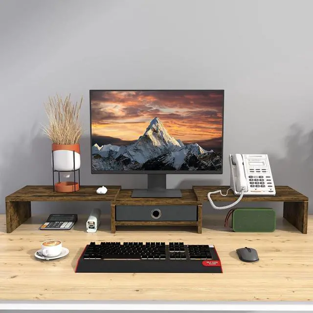 Alt view image 4 of 7 - WESTREE Dual Monitor Stand Riser with Drawer, 3 Shelf Computer Monitor Riser with Adjustable Length and Angle, Desktop Monitor Stand Riser Storage Organizer for 2 Monitors