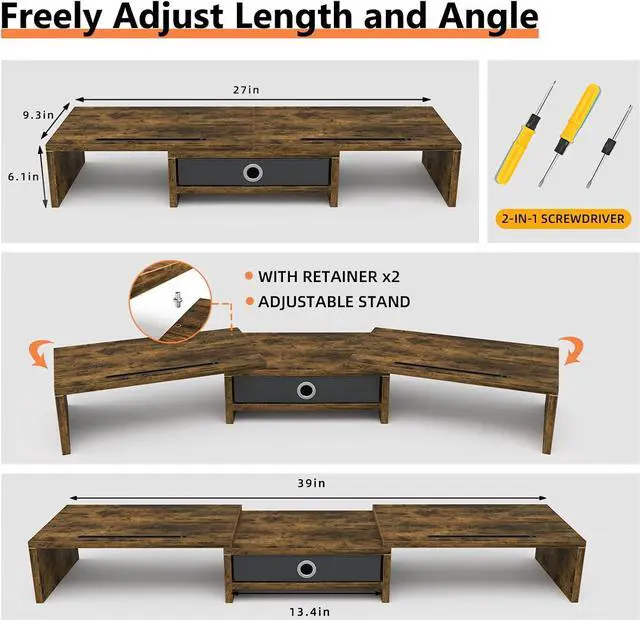 Alt view image 7 of 7 - WESTREE Dual Monitor Stand Riser with Drawer, 3 Shelf Computer Monitor Riser with Adjustable Length and Angle, Desktop Monitor Stand Riser Storage Organizer for 2 Monitors