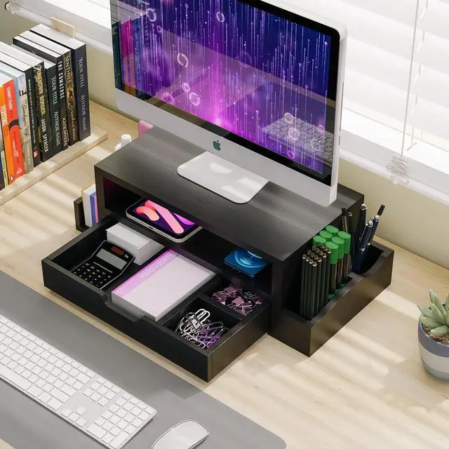 Alt view image 7 of 7 - Simple Trending Monitor Stand Riser and Computer Wood Desk Organizer with Drawer and Pen Holder for Laptop, Computer, iMac, Black