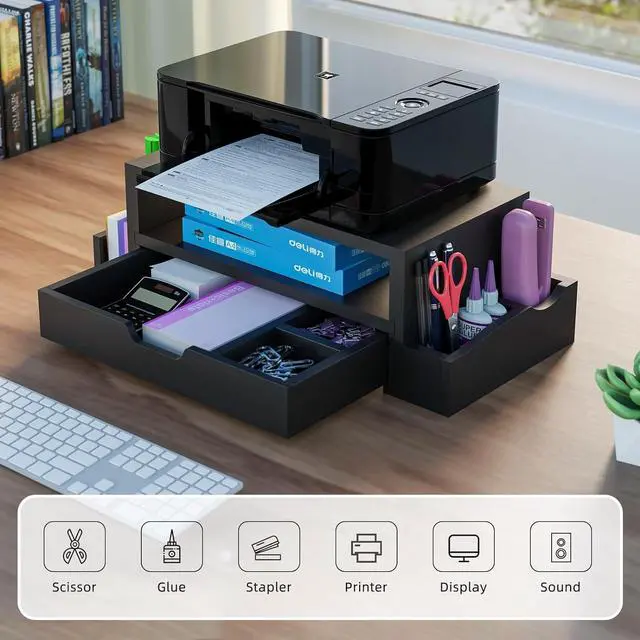 Alt view image 5 of 7 - Simple Trending Monitor Stand Riser and Computer Wood Desk Organizer with Drawer and Pen Holder for Laptop, Computer, iMac, Black