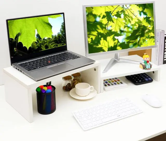 Main image of TEAMIX Adjustable White Monitor Stand Riser - 2 Pack, Wood 2 Tier Adjustable Stand for 2 Monitors/Laptop/PC