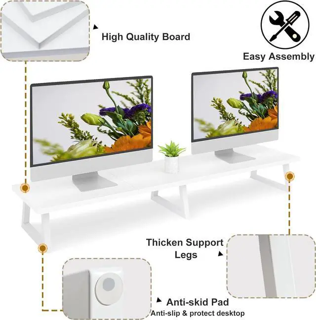 Alt view image 3 of 6 - TEAMIX 42 inch White Monitor Riser for 2 Monitors, Wood Desktop Dual Stand with Metal Legs, Long Screen/PC/Laptop Storage,Computer Shelf TV Holder Home Office (White, inch)