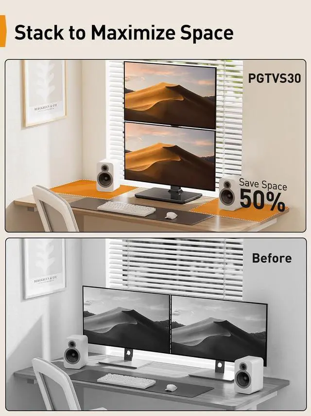 Alt view image 2 of 7 - Perlegear Monitor Stand, Dual Monitor Mount for Two 13-40 inch Screens, Vertical Monitor Stand with 360 Degree Rotation, Swivel and Tilt, 13 Height Settings, Max VESA 100x100mm, PGTVS30