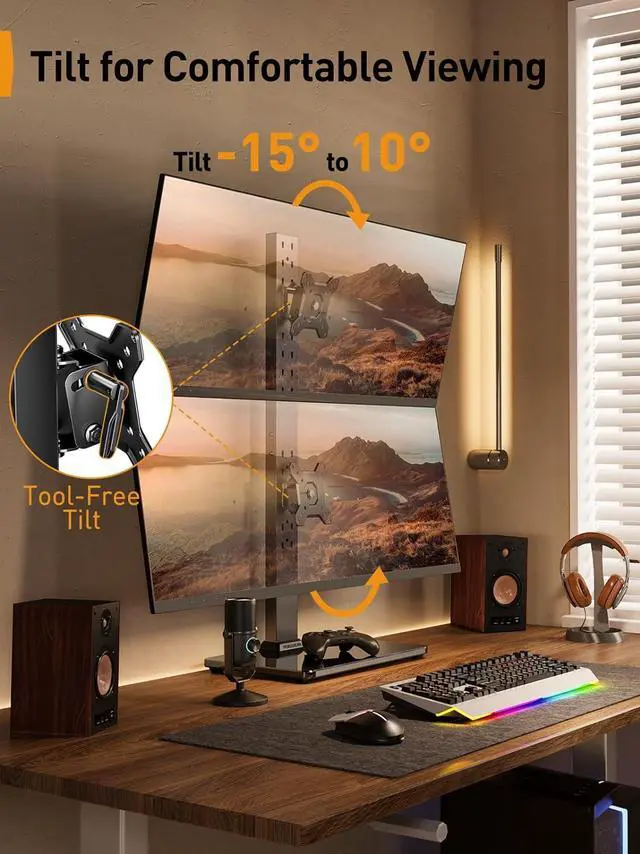Alt view image 6 of 7 - Perlegear Monitor Stand, Dual Monitor Mount for Two 13-40 inch Screens, Vertical Monitor Stand with 360 Degree Rotation, Swivel and Tilt, 13 Height Settings, Max VESA 100x100mm, PGTVS30