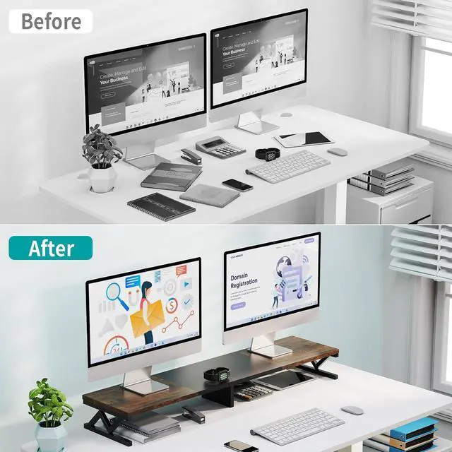 Alt view image 3 of 7 - Dual Monitor Stand Riser, Large Wood Monitor Riser for 2 Monitors, Monitor Lift with Storage for Desk, Sturdy Wood&Steel Multi Screen Stand, Desktop Organizer Monitor Stand for Computer
