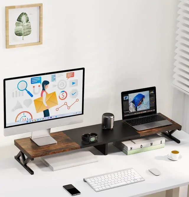Alt view image 5 of 7 - Dual Monitor Stand Riser, Large Wood Monitor Riser for 2 Monitors, Monitor Lift with Storage for Desk, Sturdy Wood&Steel Multi Screen Stand, Desktop Organizer Monitor Stand for Computer