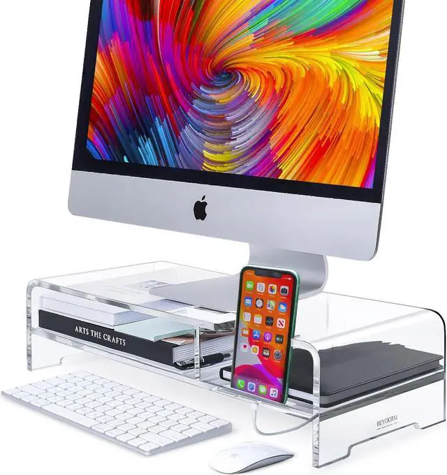 Main image of BEYGORM Acrylic Monitor Stand Riser, Wide 20", 2 Tier Computer with Storage, Desk Organizer Desktop Printer Laptop Storage Shelf Screen Holder Phone Holder(Clear)