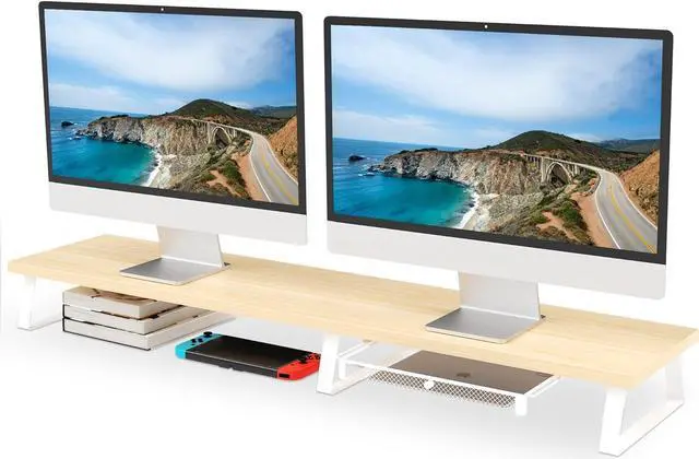 Main image of Aothia Dual Monitor Stand Riser - Monitor Stand with Drawer,Monitor Stand For 2 Monitors, Desk Shelf For Monitor with Metal Legs, Wood Monitor Stand with Storage Organize For Pc,Laptop,Screen (Oak)