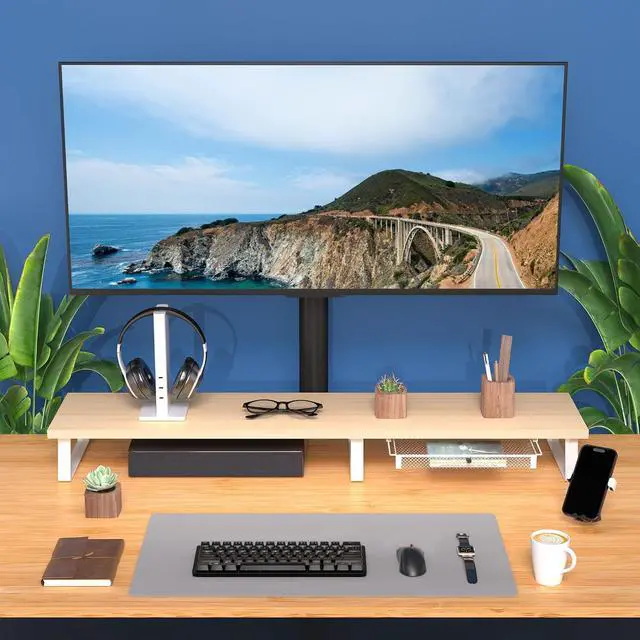Alt view image 2 of 7 - Aothia Dual Monitor Stand Riser - Monitor Stand with Drawer,Monitor Stand For 2 Monitors, Desk Shelf For Monitor with Metal Legs, Wood Monitor Stand with Storage Organize For Pc,Laptop,Screen (Oak)