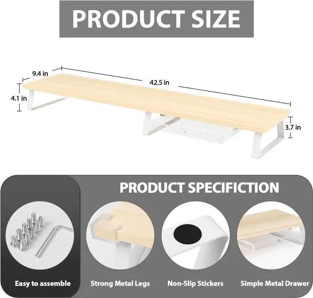 Alt view image 4 of 7 - Aothia Dual Monitor Stand Riser - Monitor Stand with Drawer,Monitor Stand For 2 Monitors, Desk Shelf For Monitor with Metal Legs, Wood Monitor Stand with Storage Organize For Pc,Laptop,Screen (Oak)