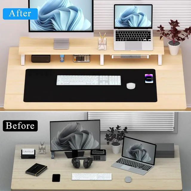 Alt view image 5 of 7 - Aothia Dual Monitor Stand Riser - Monitor Stand with Drawer,Monitor Stand For 2 Monitors, Desk Shelf For Monitor with Metal Legs, Wood Monitor Stand with Storage Organize For Pc,Laptop,Screen (Oak)