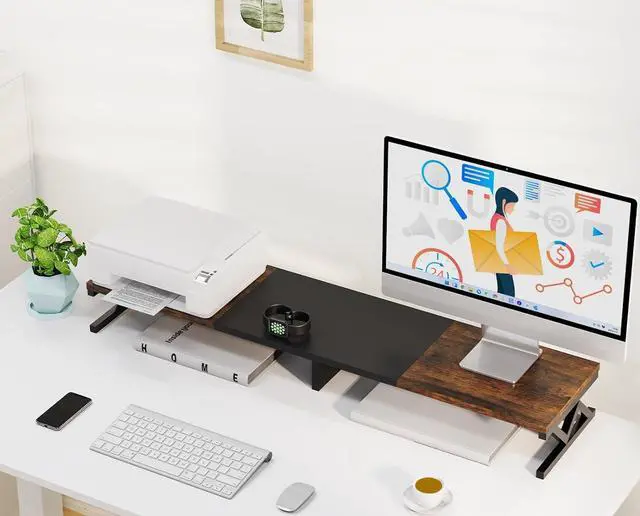 Alt view image 6 of 7 - Dual Monitor Stand Riser, Large Wood Monitor Riser for 2 Monitors, Monitor Lift with Storage for Desk, Sturdy Wood&Steel Multi Screen Stand, Desktop Organizer Monitor Stand for Computer