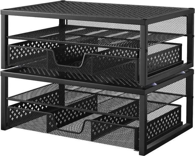 Alt view image 2 of 6 - Simple Trending 2 Pack 2 Tier Metal Monitor Riser Stand and Computer Desk Organizer with Drawer, Black