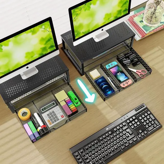 Alt view image 3 of 6 - Simple Trending 2 Pack 2 Tier Metal Monitor Riser Stand and Computer Desk Organizer with Drawer, Black