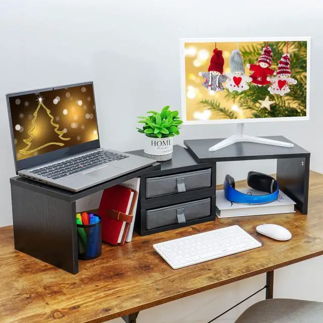 Alt view image 2 of 7 - TEAMIX Dual Monitor Stand Riser with 2 Drawers-Length and Angle Adjustable 3 shelf Monitor Riser with Storage Desk Organizer Large Computer Monitor Stand for 2 Monitors/Laptop/PC,Wood Screen/TV Stand