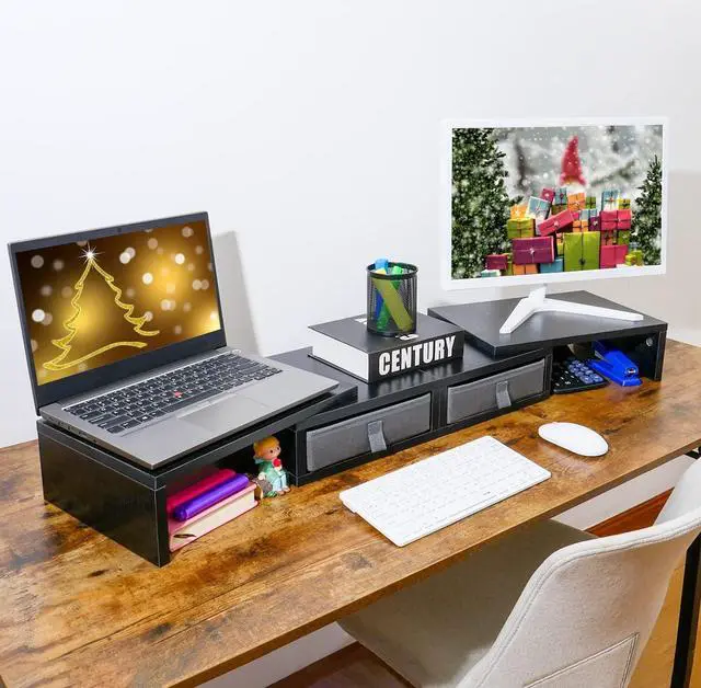 Alt view image 3 of 7 - TEAMIX Dual Monitor Stand Riser with 2 Drawers-Length and Angle Adjustable 3 shelf Monitor Riser with Storage Desk Organizer Large Computer Monitor Stand for 2 Monitors/Laptop/PC,Wood Screen/TV Stand