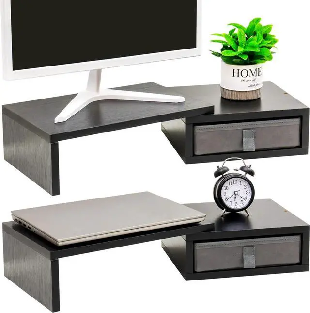 Alt view image 6 of 7 - TEAMIX Dual Monitor Stand Riser with 2 Drawers-Length and Angle Adjustable 3 shelf Monitor Riser with Storage Desk Organizer Large Computer Monitor Stand for 2 Monitors/Laptop/PC,Wood Screen/TV Stand