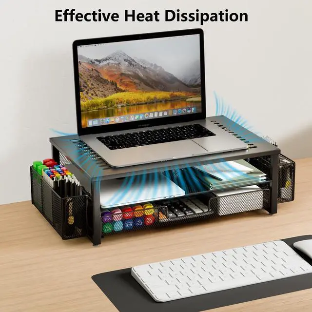 Alt view image 4 of 7 - gianotter Desk Computer Monitor Stand Riser with Drawer and 2 Pen Holder, Desk Accessories & Workspace Desk Organizers, Desktop Organizer for Office Supplies (Black)