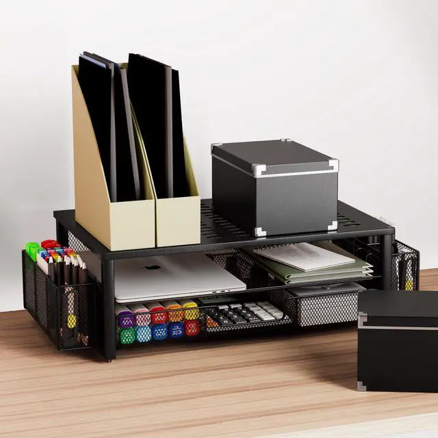 Alt view image 7 of 7 - gianotter Desk Computer Monitor Stand Riser with Drawer and 2 Pen Holder, Desk Accessories & Workspace Desk Organizers, Desktop Organizer for Office Supplies (Black)