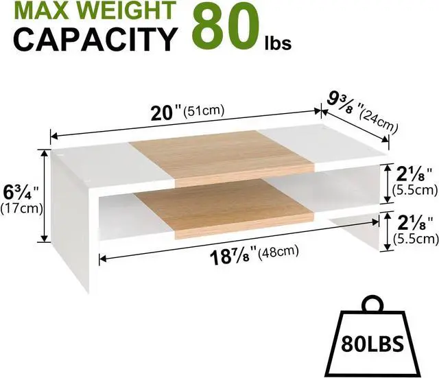 Alt view image 5 of 7 - TEAMIX 2 Tiers Desktop Monitor Stand Riser 20 Inch Printer Stand with Storage Small TV Riser Laptop Wooden Desk Organizer Shelf Bookshelf Maple (White+Maple, 2 Tiers)