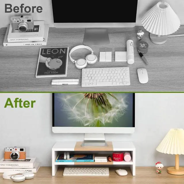 Alt view image 6 of 7 - TEAMIX 2 Tiers Desktop Monitor Stand Riser 20 Inch Printer Stand with Storage Small TV Riser Laptop Wooden Desk Organizer Shelf Bookshelf Maple (White+Maple, 2 Tiers)