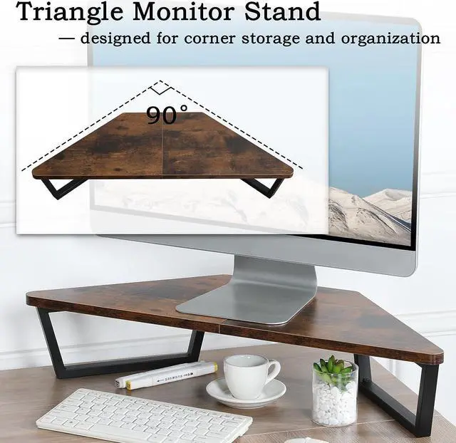 Alt view image 3 of 7 - TEAMIX 26 inch Triangle Monitor Stand Riser, Desktop Corner Shelf with Metal Leg Wood Computer Stand with Storage Laptop Riser Office Organization