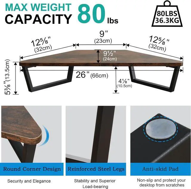 Alt view image 5 of 7 - TEAMIX 26 inch Triangle Monitor Stand Riser, Desktop Corner Shelf with Metal Leg Wood Computer Stand with Storage Laptop Riser Office Organization