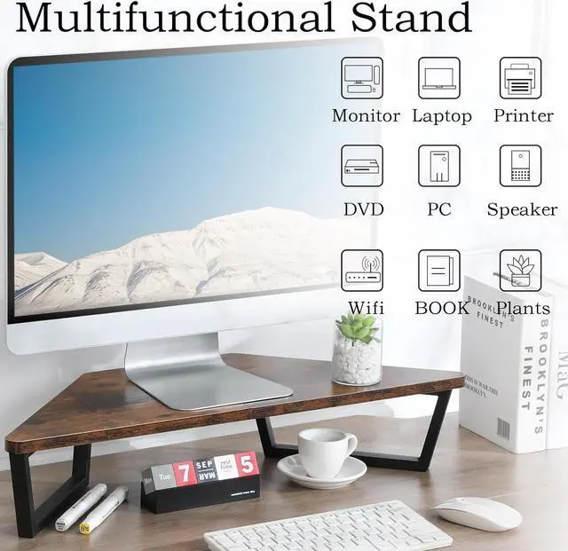 Alt view image 6 of 7 - TEAMIX 26 inch Triangle Monitor Stand Riser, Desktop Corner Shelf with Metal Leg Wood Computer Stand with Storage Laptop Riser Office Organization