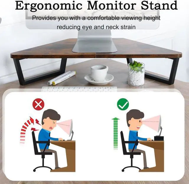 Alt view image 7 of 7 - TEAMIX 26 inch Triangle Monitor Stand Riser, Desktop Corner Shelf with Metal Leg Wood Computer Stand with Storage Laptop Riser Office Organization