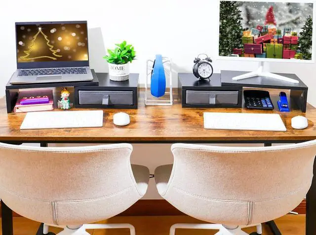 Alt view image 7 of 7 - TEAMIX Dual Monitor Stand Riser with 2 Drawers-Length and Angle Adjustable 3 shelf Monitor Riser with Storage Desk Organizer Large Computer Monitor Stand for 2 Monitors/Laptop/PC,Wood Screen/TV Stand