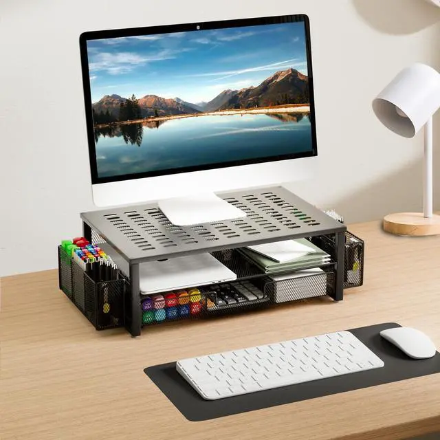 Alt view image 2 of 7 - gianotter Desk Computer Monitor Stand Riser with Drawer and 2 Pen Holder, Desk Accessories & Workspace Desk Organizers, Desktop Organizer for Office Supplies (Black)