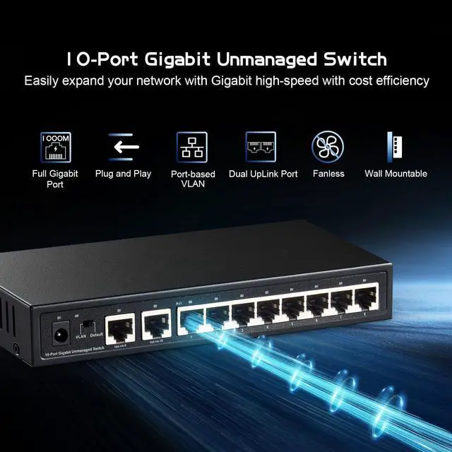 Alt view image 2 of 7 - Binardat 10 Port Gigabit Ethernet Switch, 8 Ports 100/1000Mbps, 2 Gigabit Uplink, Support Vlan, Metal Case Unmanaged Plug and Play