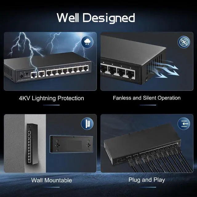 Alt view image 4 of 7 - Binardat 10 Port Gigabit Ethernet Switch, 8 Ports 100/1000Mbps, 2 Gigabit Uplink, Support Vlan, Metal Case Unmanaged Plug and Play